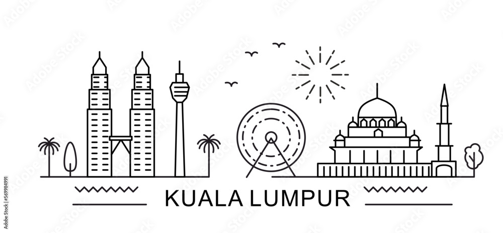 Kuala Lumpur City Line View. Poster print minimal design. Malaysia