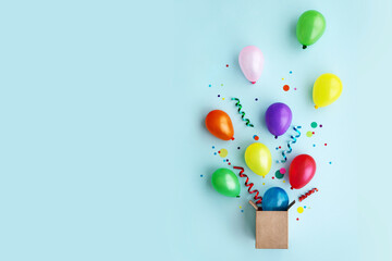 Birthday party flat lay with balloons