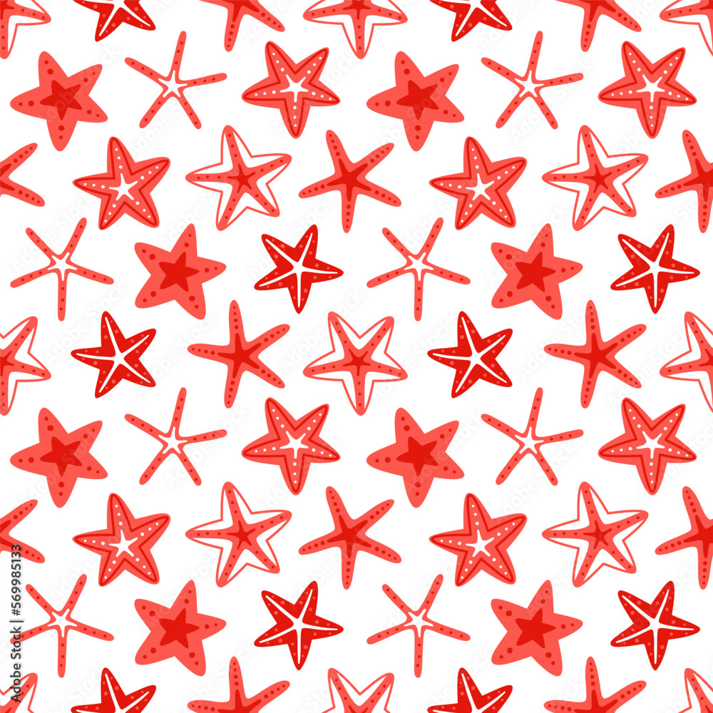 Fototapeta premium Vector seamless pattern with starfish on a white background. Summer sea print.