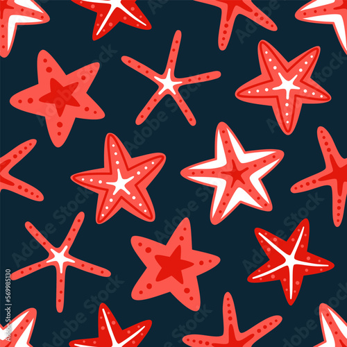 Vector seamless pattern with starfish on a dark blue background. Summer marine print.