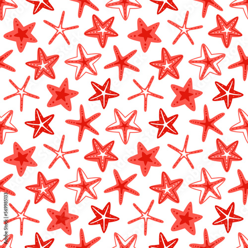 Vector seamless pattern with starfish on a white background. Summer sea print.