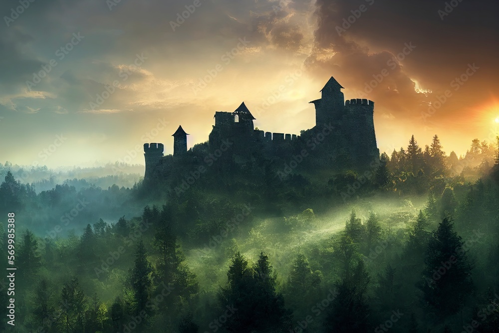 A stone castle in a hilly forest at sunrise. generative ai 
