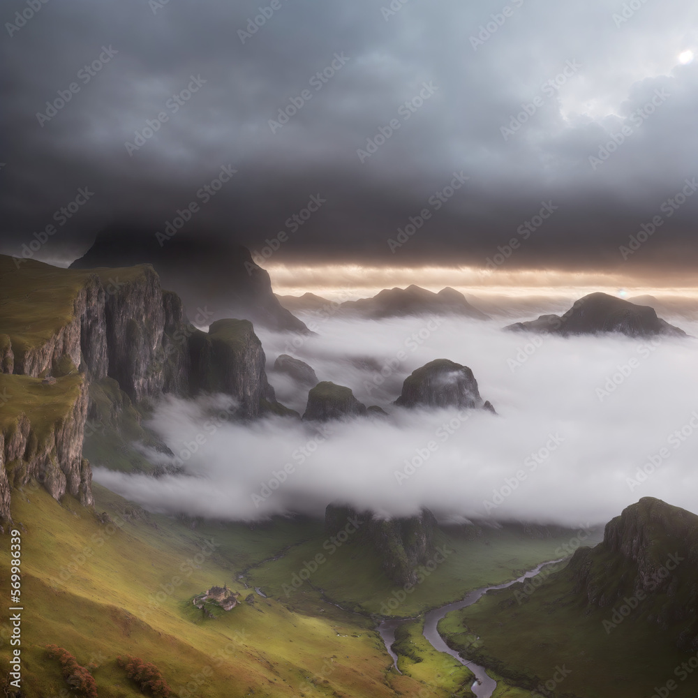 Clouds and mist roll in over the towering cliffs, painting