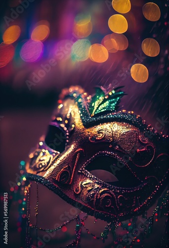 maske mit leuchtendem bokeh, mardi gras inspiriert erstellt mit generativer ai © Hauber_Photography