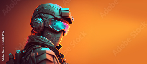 Stylized soldier game character. Header with copy space, generative ai