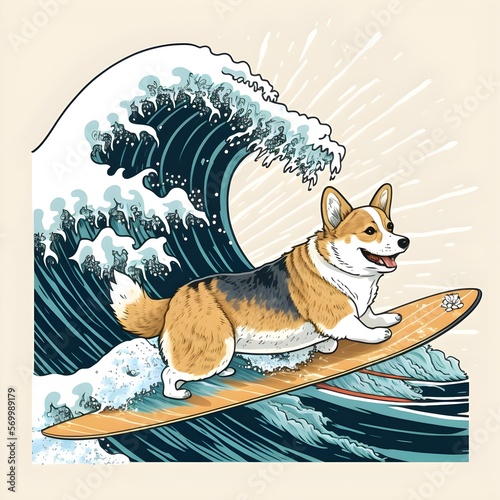 a picture of a Corgi surfing the great wave of kanagawa with surfboard by Hokusa Fototapet