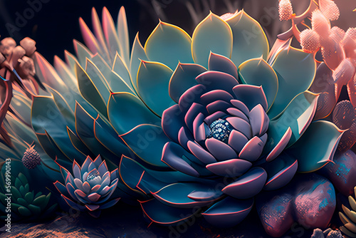 Generative AI, succulent close-up in natural environment, exotic cactus with colored leaves in a spiral, plant bright as a background