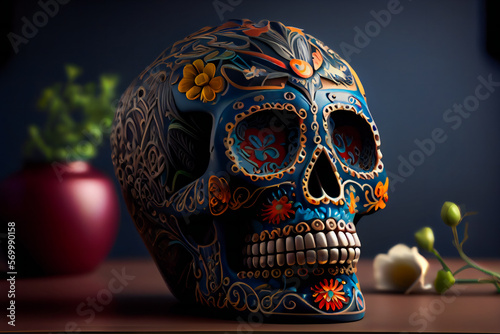  Decorated colorful skull. Day of dead, Mexico. Generative AI.