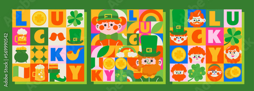 Fototapeta Naklejka Na Ścianę i Meble -  3 templates for St. Patrick's Day. Bright design, lots of festive elements, boys and girls in green, and leprechauns. This design will make your project interesting and noticeable!