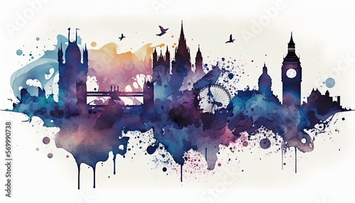 London city violet landscape isolated water color illustration