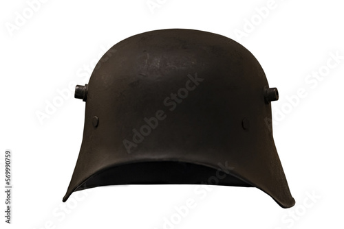 A rusty German helmet from the Second World War on a white background, isolated.