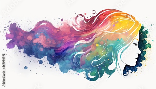 woman profile with hair in the wind watercolor background with splashes made by ai