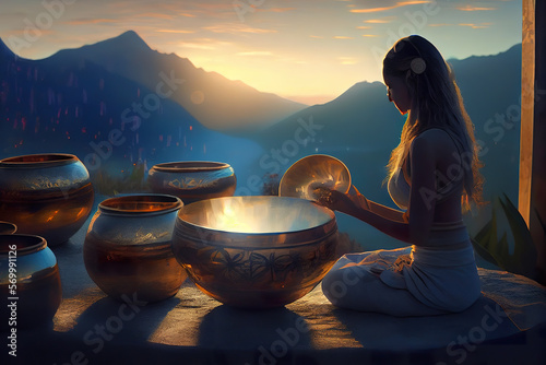 a woman engaging in sound healing therapy with Tibetan singing bowls at sunset in a tranquil mountain setting, evoking a sense of peace and spiritual rejuvenation 
