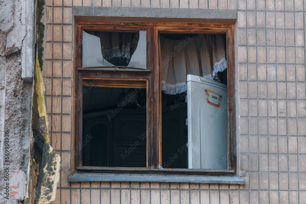 Impact on a high-rise building in the city of Dnipro, Ukraine. A residential building destroyed by an explosion after a Russian missile attack. Consequences of the explosion.