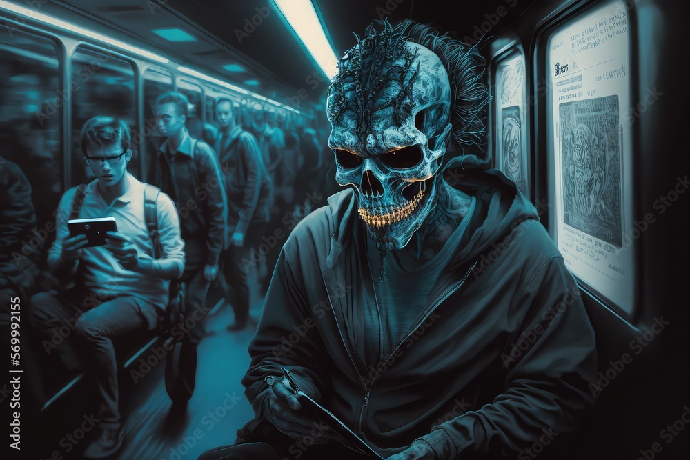 A skeleton in the subway with crazy smile A skeleton in the subway with crazy smile