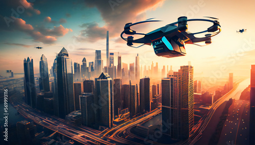 A drone is flying over a modern city, with tall buildings, roads, and a bustling skyline in the background. Generative AI.