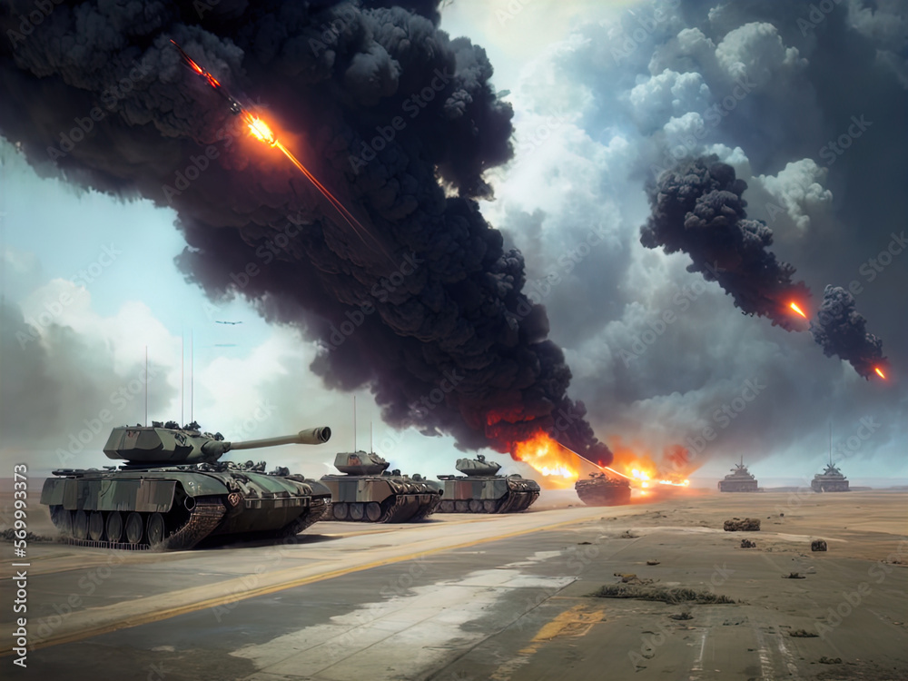 Obraz premium Tanks on a battlefield. Heavy bombardment. Fire. Explosions. Made with Generative AI. 