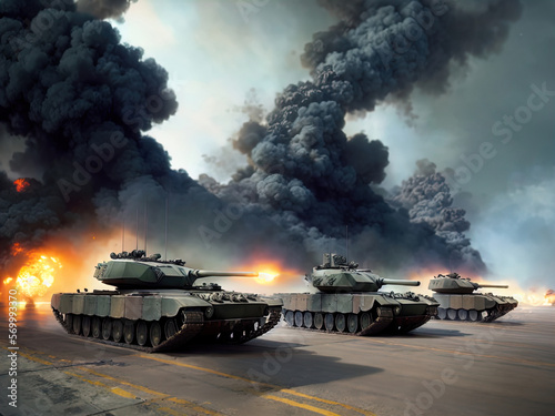 Tanks on a battlefield. Heavy bombardment. Fire. Explosions. Made with Generative AI. 