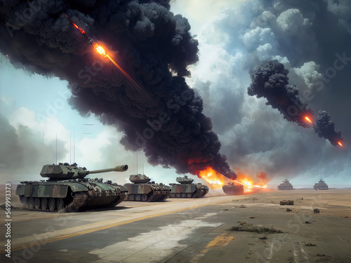 Tanks on a battlefield. Heavy bombardment. Fire. Explosions. Made with Generative AI.	