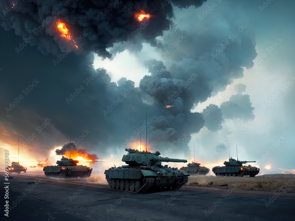 Tanks on a battlefield. Heavy bombardment. Fire. Explosions. Made with Generative AI.	