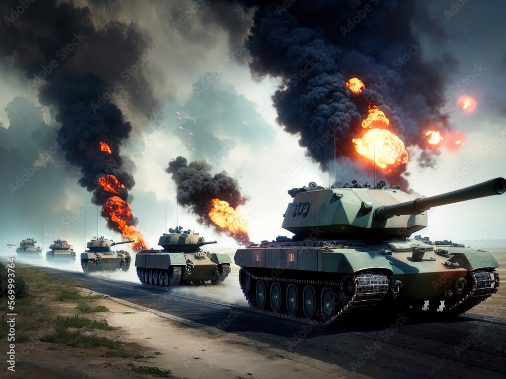 Fototapeta premium Tanks on a battlefield. Heavy bombardment. Fire. Explosions. Made with Generative AI. 