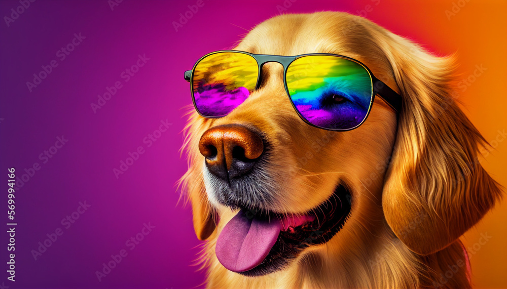 Golden retriever dog wearing sunglasses, happy cute dog wearing sunglasses, colorful background, Generative AI