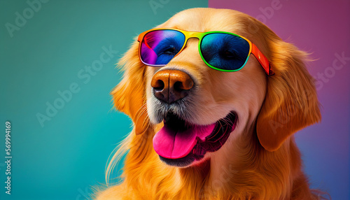 Golden retriever dog wearing sunglasses, happy cute dog with sunglasses, Generative AI