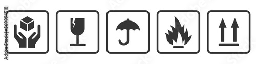 Fragile goods icons, warning signs FRAGILE MARK label, box decals, shipping mark, package mark, fragile label stamp. Packaging icons - stock vector