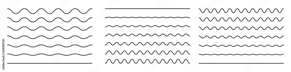 Wave line and wavy zigzag lines. Vector black underlines, smooth horizontal wavy finish, squiggles.