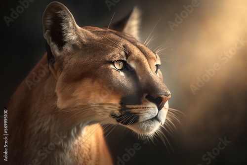 a photo-realistic puma portrait illustration with depth of field and beautiful bokeh in dramatic lighting at dawn © EOL STUDIOS
