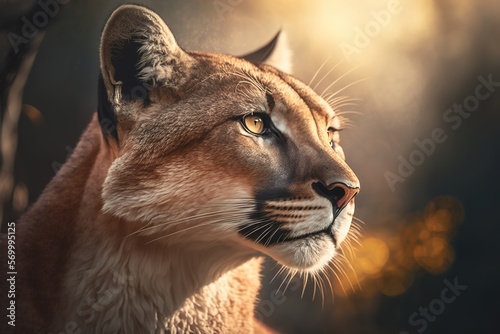 a photo-realistic puma portrait illustration with depth of field and beautiful bokeh in dramatic lighting at dawn