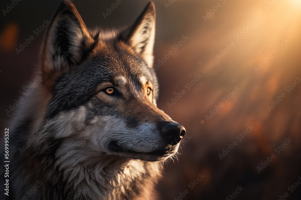 a photo-realistic wolf portrait illustration with depth of field and beautiful bokeh in dramatic lighting at dawn
