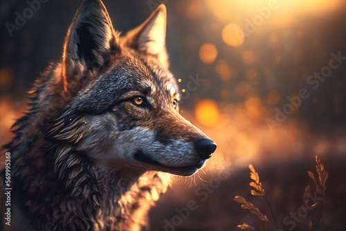 a photo-realistic wolf portrait illustration with depth of field and beautiful bokeh in dramatic lighting at dawn