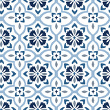 Portuguese azulejos floral tile design. Hand drawn ornamnetal blue Moroccan seamless pattern for Ramadan greeting cards. Islamic background, fabric, arabic web banner. Decorative vector illustrations.