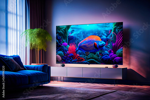 Big Tv In A Living Room.  Elegant living room with big tv screen.  Generative AI.