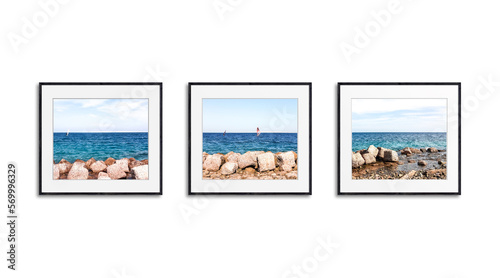 Photo frames collage, sea view, windsurfing on the horizon, interior decor mock up