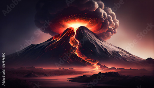 Spectacular View of an Active Volcano. Blazing Hot Lava Flowing Down a Volcano. Generative AI.