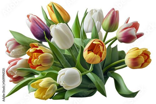 Colorful tulips bunch isolated on transparent background. PNG,  Generative AI