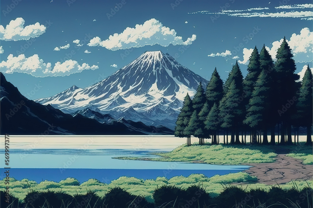 a big mountain with snow in background and a lake in front, anime style,  generative ai technology Stock Illustration | Adobe Stock