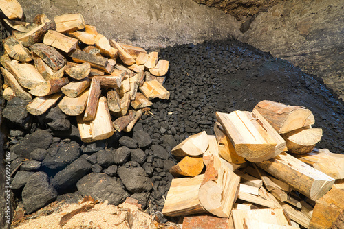 Coal and wood placed in old basement. CO2 emission problem