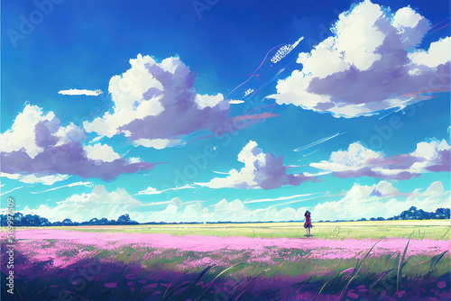 a lonely girl standing in a big pink inspired landscape field  generative ai technology