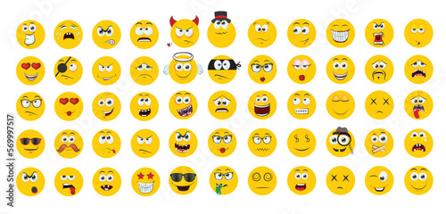 Round abstract comic Faces with various Emotions. Cartoon drawing style. Different colorful characters, Flat design. Hand drawn trendy Vector illustration.