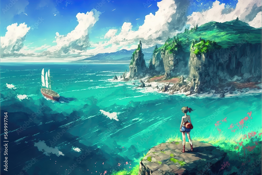 a brave pirate girl standing on a hill and watching the sea, ship is leaving the beach, generative ai technology