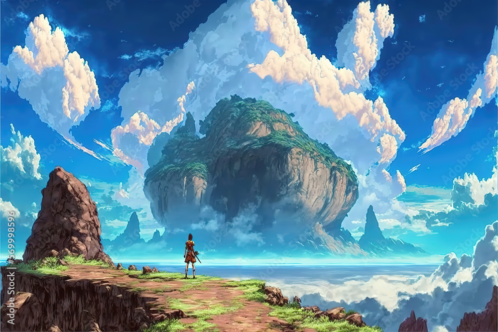 an epic fantasy anime landscape illustration with a big hill in background, generative ai technology Stock Illustration | Adobe Stock an epic fantasy anime landscape illustration with a big hill in background, generative ai technology Stock Illustration | Adobe Stock