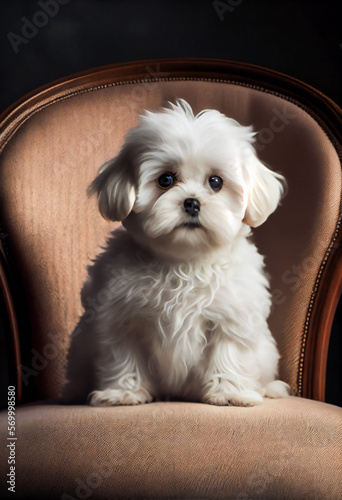 Cute Maltese Dog Enjoying Time on Comfortable Sofa. Generative AI
