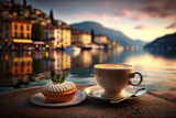 Cup of coffee and delicious dessert on blurred background of Italian lake. Romantic evening view. Based on Generative AI