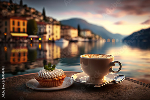 Cup of coffee and delicious dessert on blurred background of Italian lake. Romantic evening view. Based on Generative AI