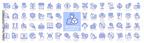 Delivery & logistics line icons set. Shipping Industry elements outline icons collection. Courier, Package, Warehouse, Parcel, Express, Inventory, Cargo - stock vector