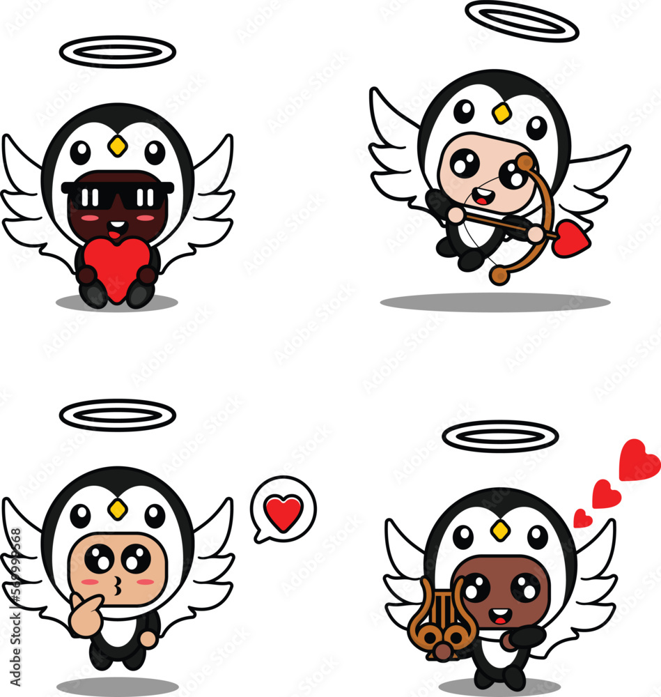 Obraz premium vector illustration cartoon animal mascot costume character penguin cupid set bundle
