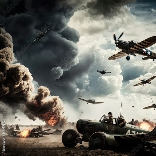 Wallpaper Mural World War 2 aerial battle. Action scene. Made with Generative AI.